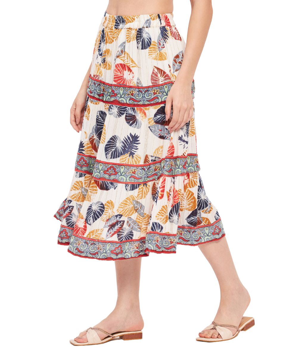 Leaf Printed White And Rust Rayon Crepe Midi Skirt For Women