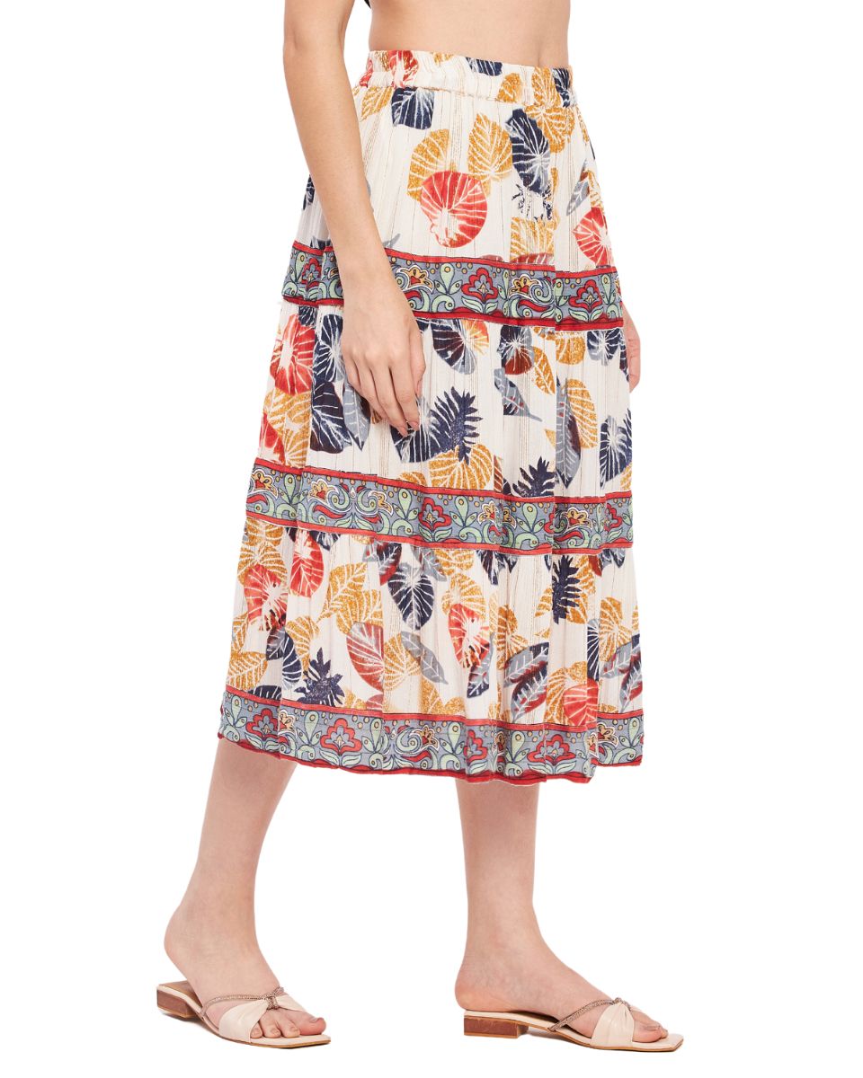 Leaf Printed White And Rust Rayon Crepe Midi Skirt For Women