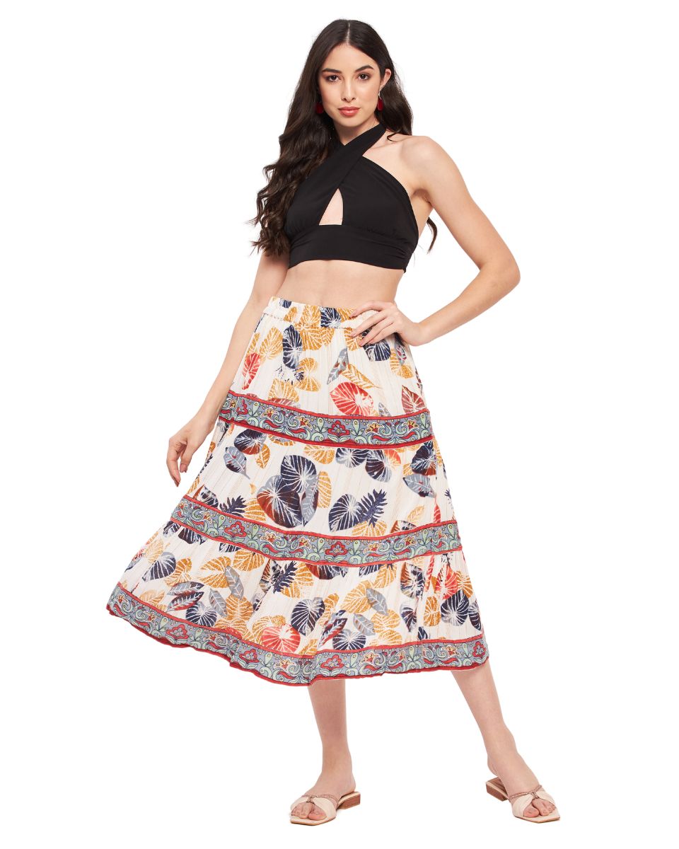 Leaf Printed White And Rust Rayon Crepe Midi Skirt For Women