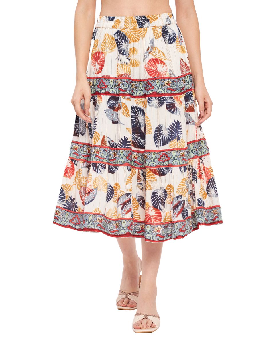 Leaf Printed White And Rust Rayon Crepe Midi Skirt For Women