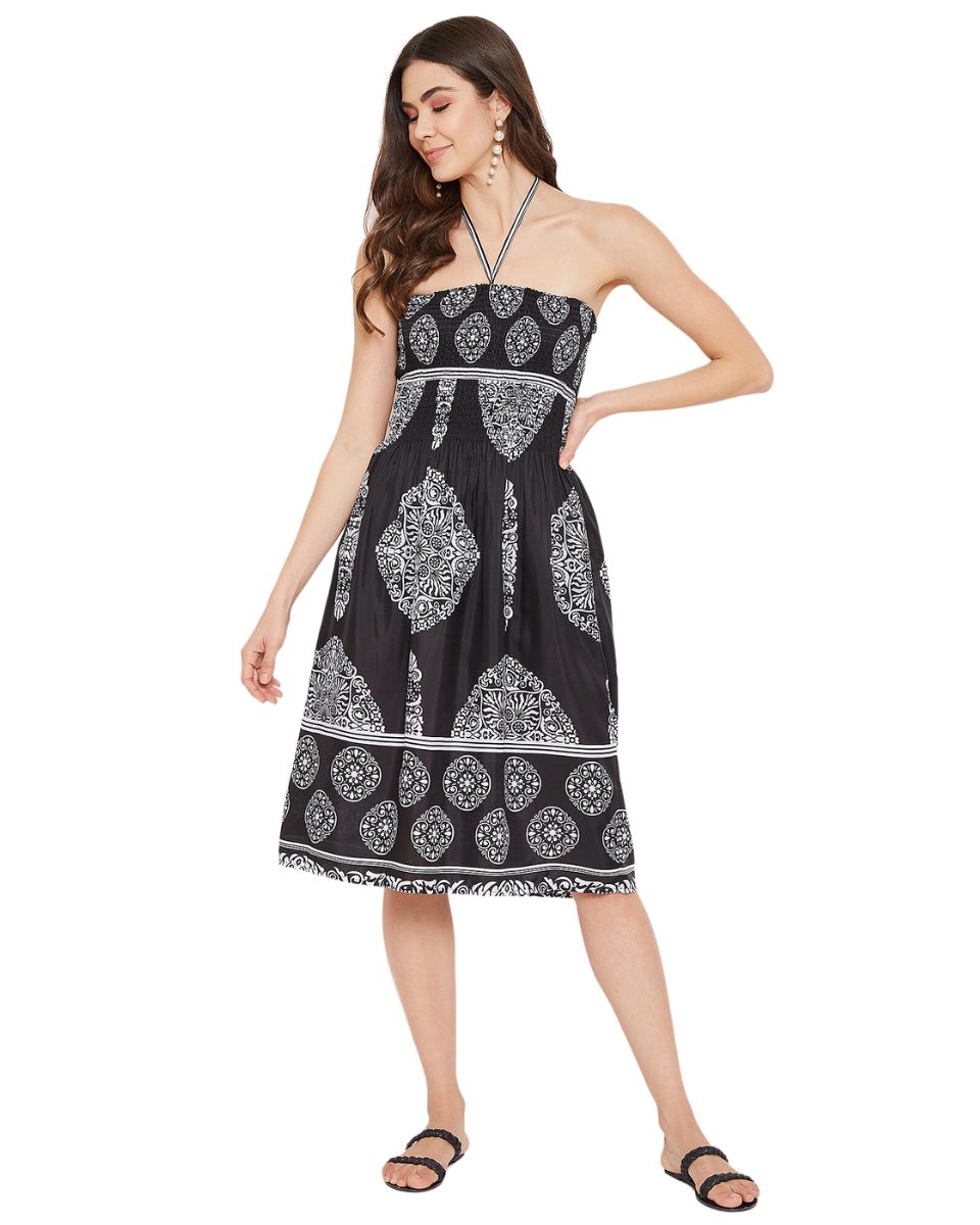 Tribal Printed Black Polyester Tube Dress For Women