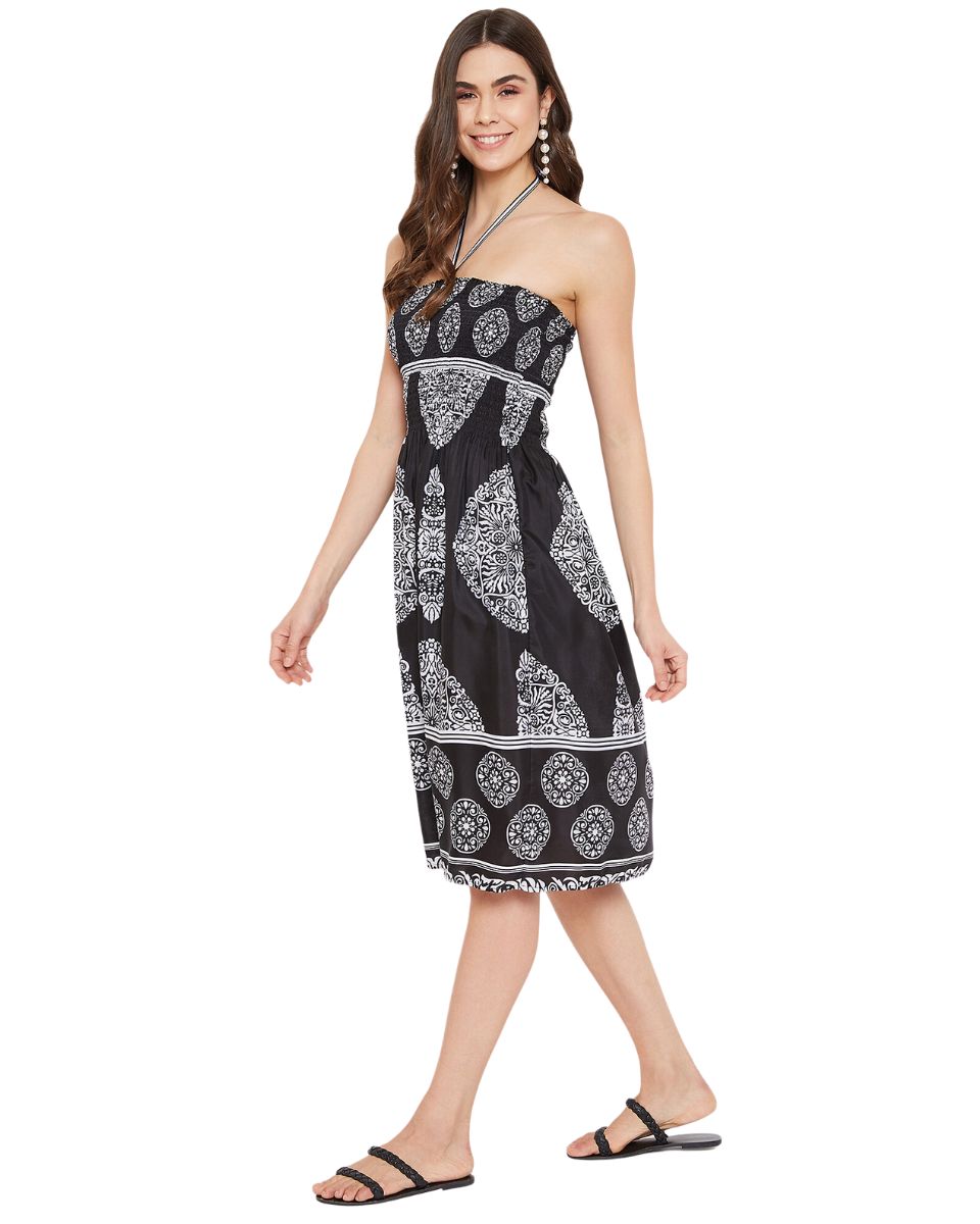 Tribal Printed Black Polyester Tube Dress For Women