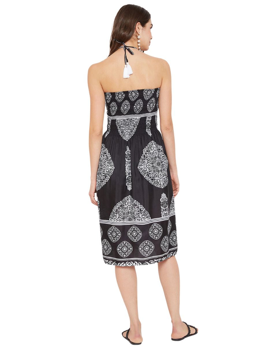 Tribal Printed Black Polyester Tube Dress For Women