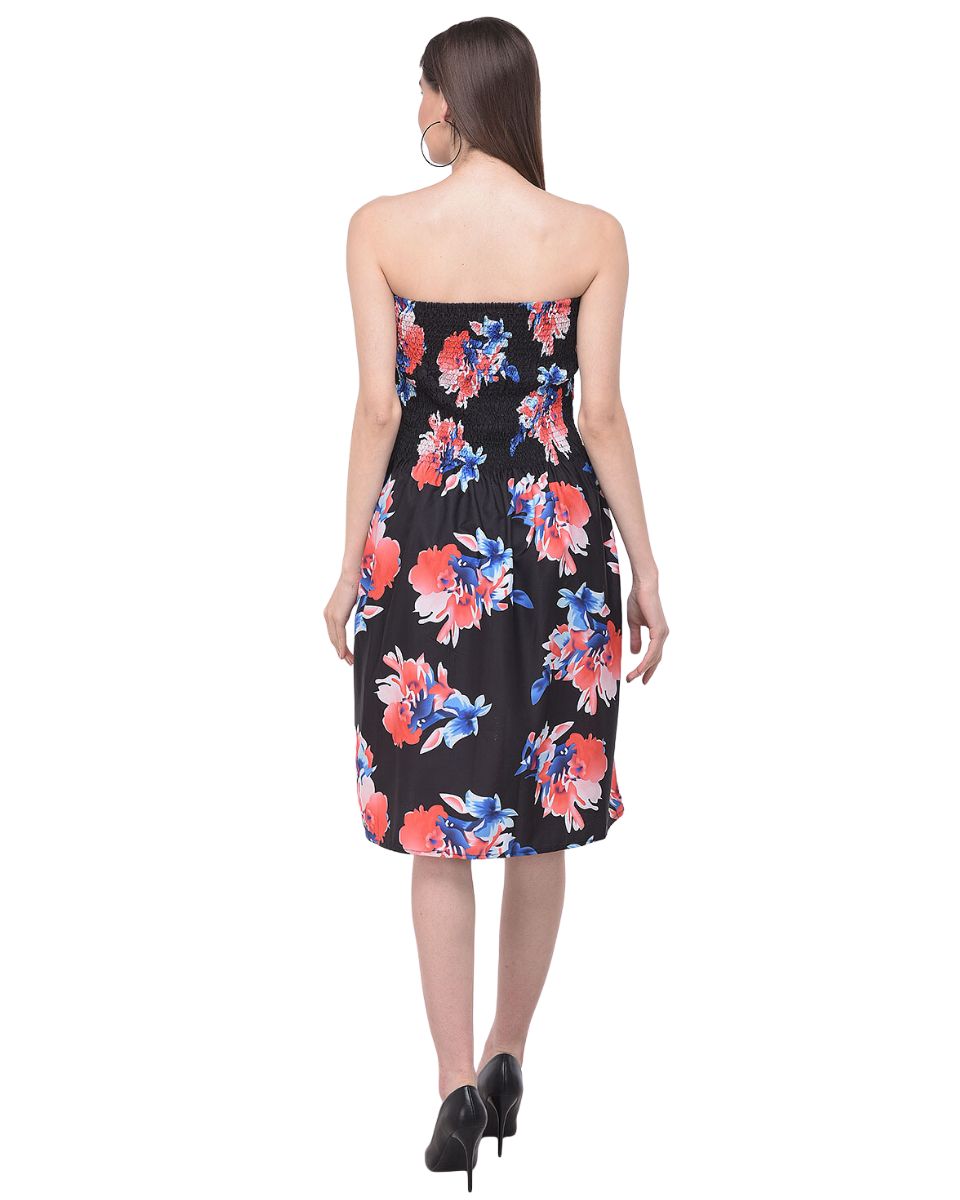 Floral Printed Black Polyester Tube Dress For Women