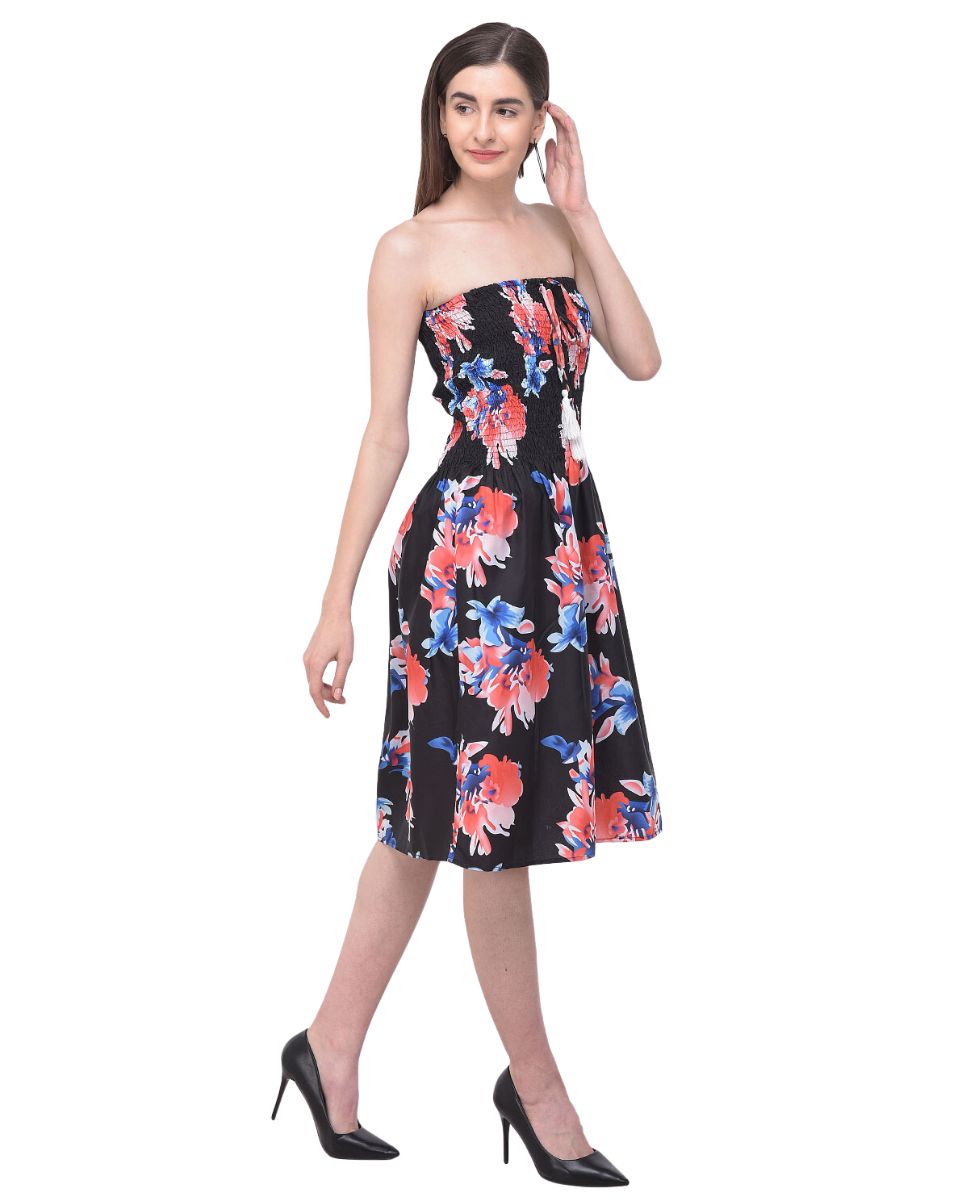 Floral Printed Black Polyester Tube Dress For Women