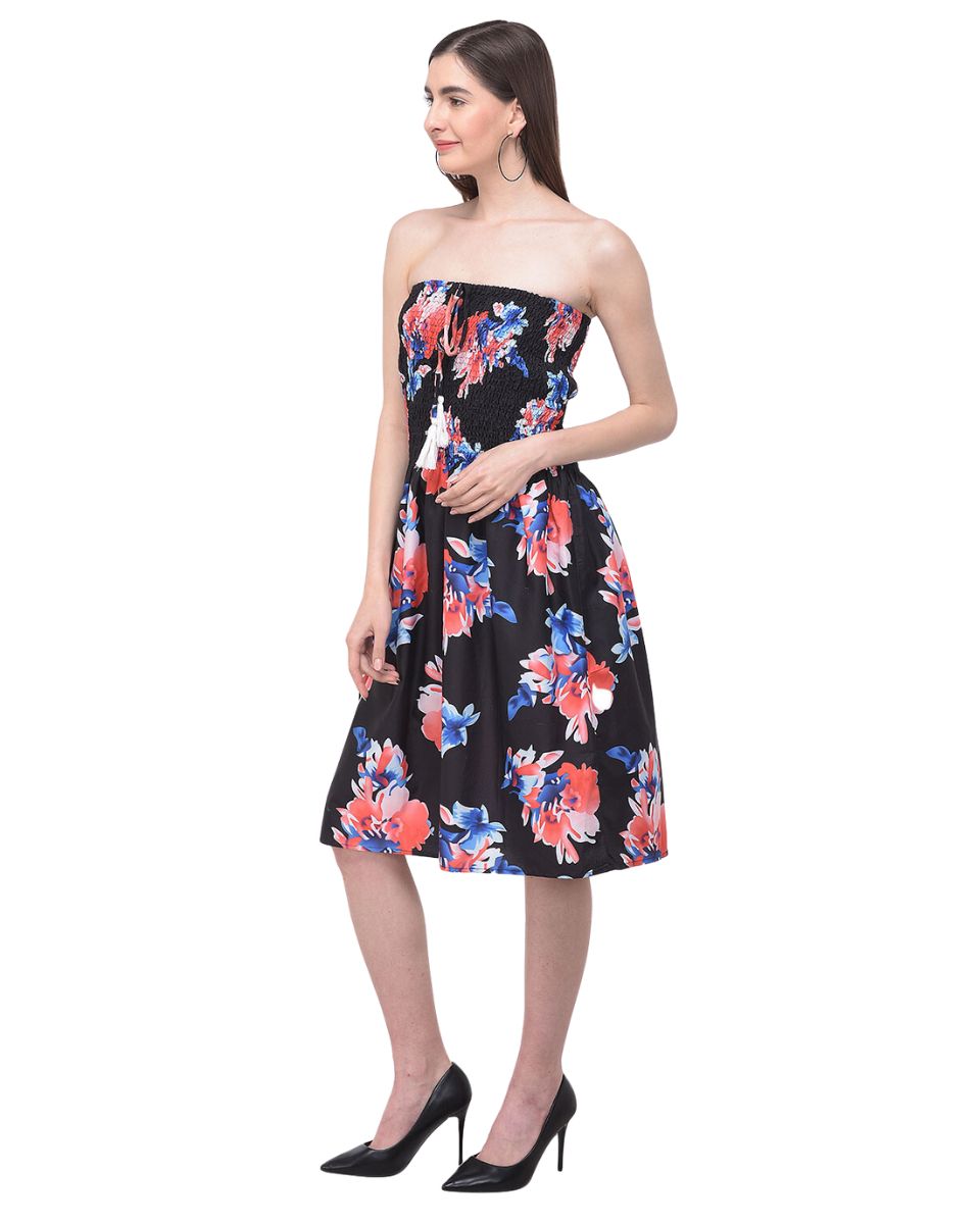 Floral Printed Black Polyester Tube Dress For Women