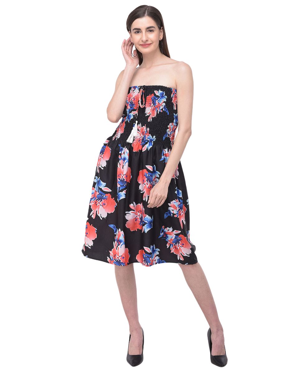 Floral Printed Black Polyester Tube Dress For Women
