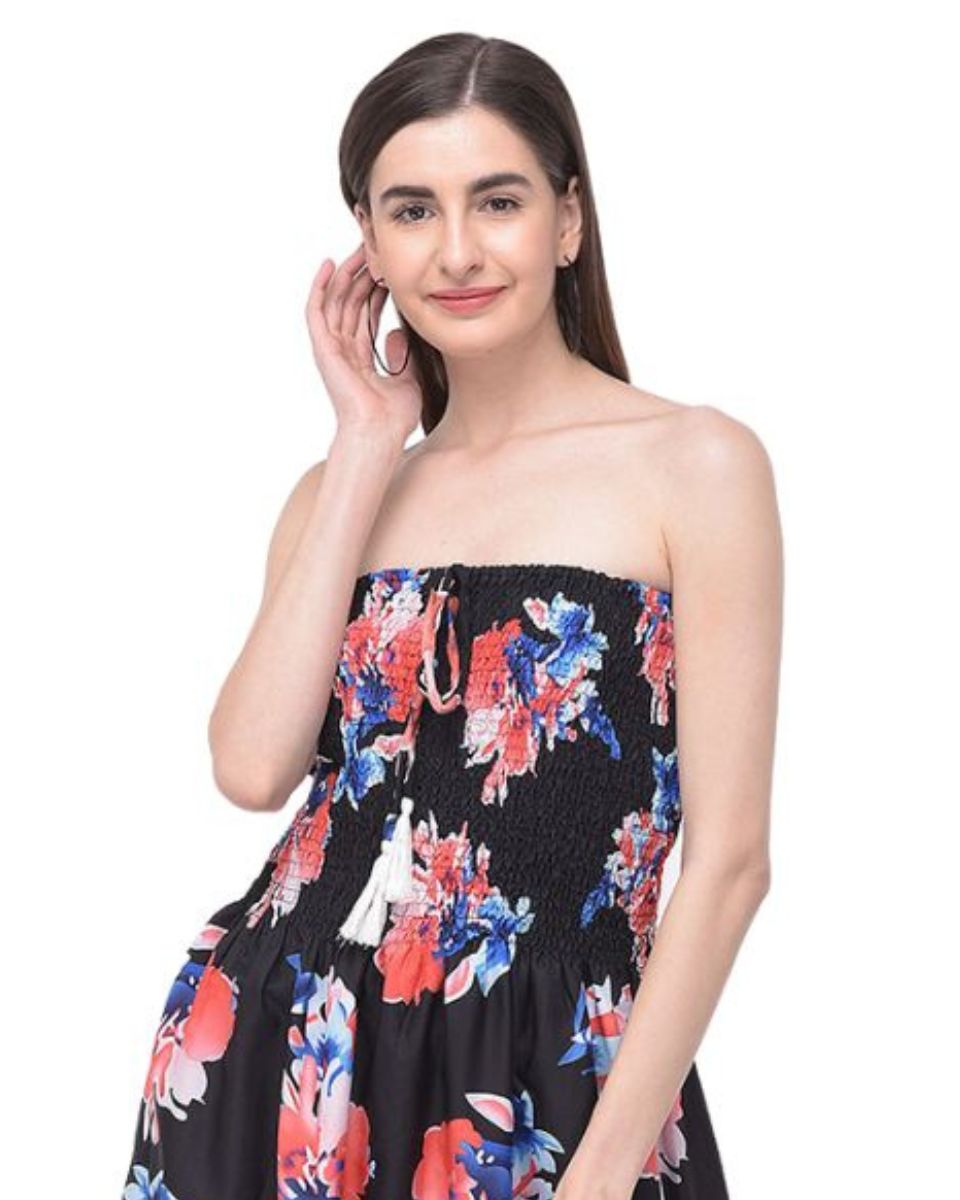 Floral Printed Black Polyester Tube Dress For Women