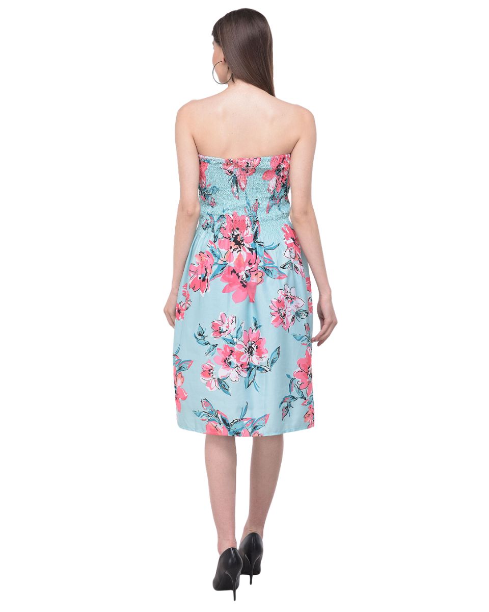 Floral Printed Turquoise Polyester Tube Dress For Women