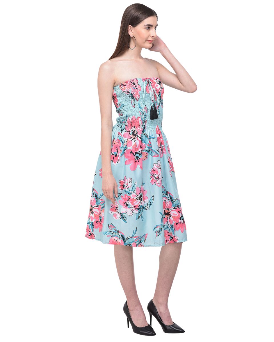 Floral Printed Turquoise Polyester Tube Dress For Women