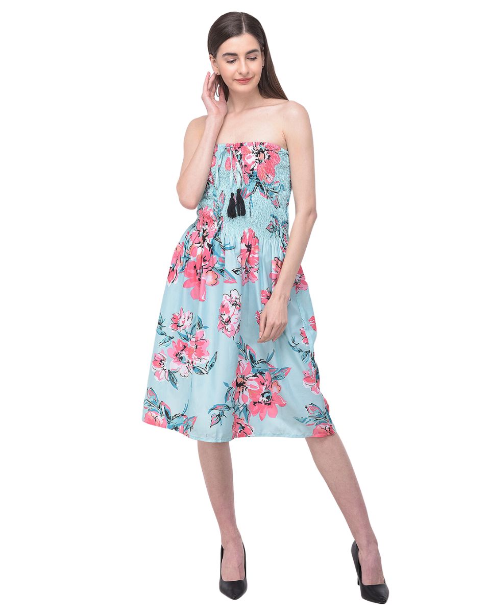Floral Printed Turquoise Polyester Tube Dress For Women