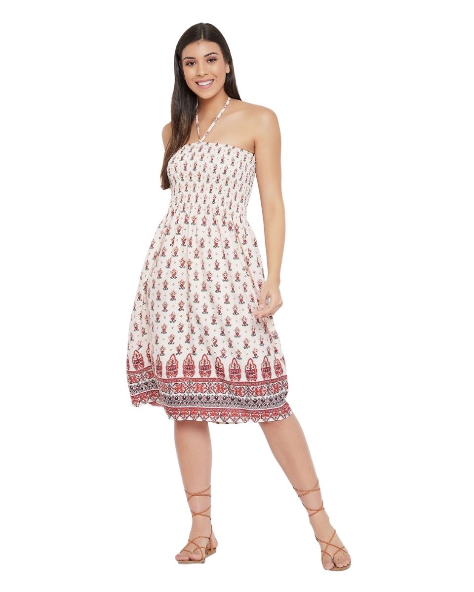 Beige Tribal Printed Polyester Tube Dress For Women