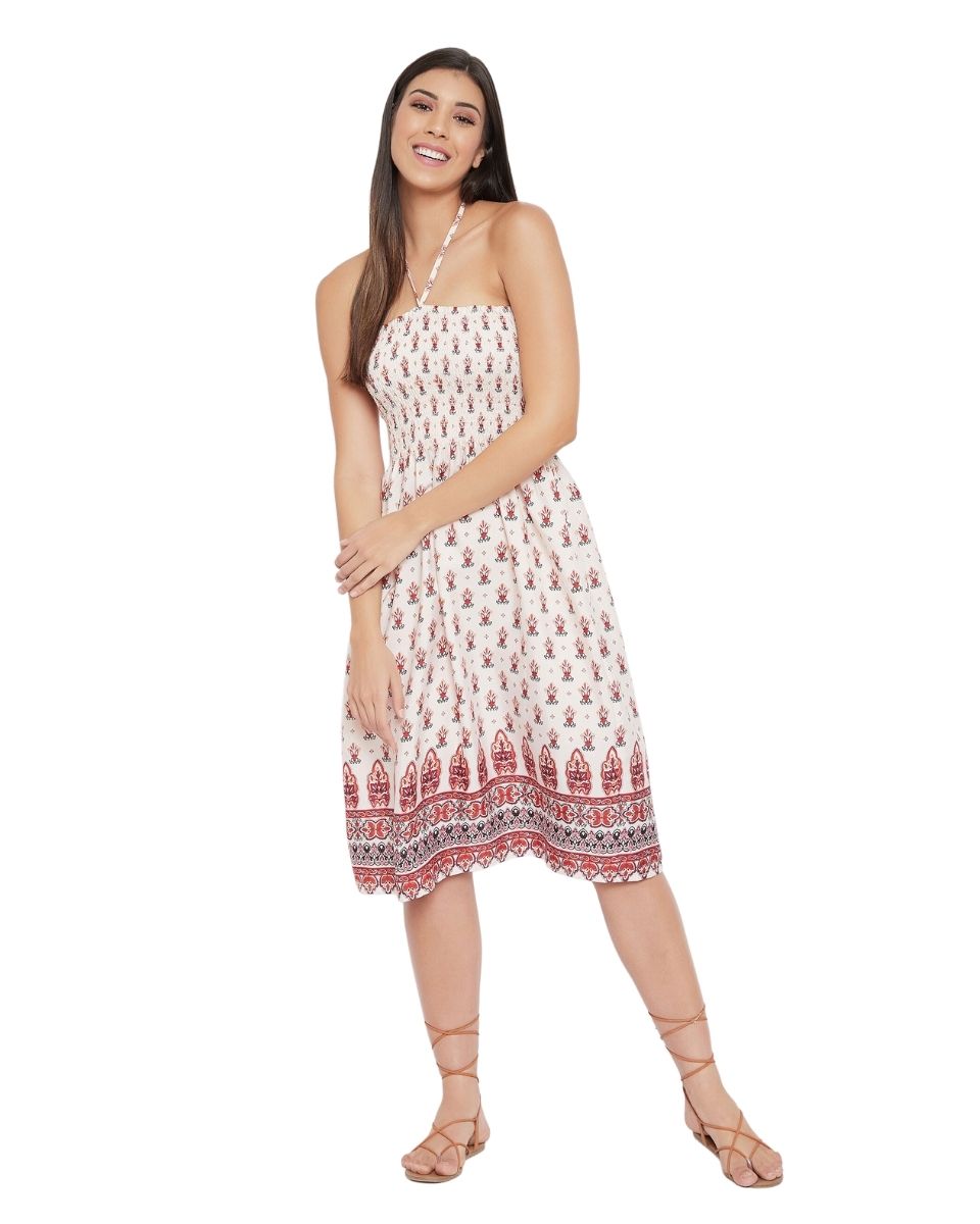 Beige Tribal Printed Polyester Tube Dress For Women
