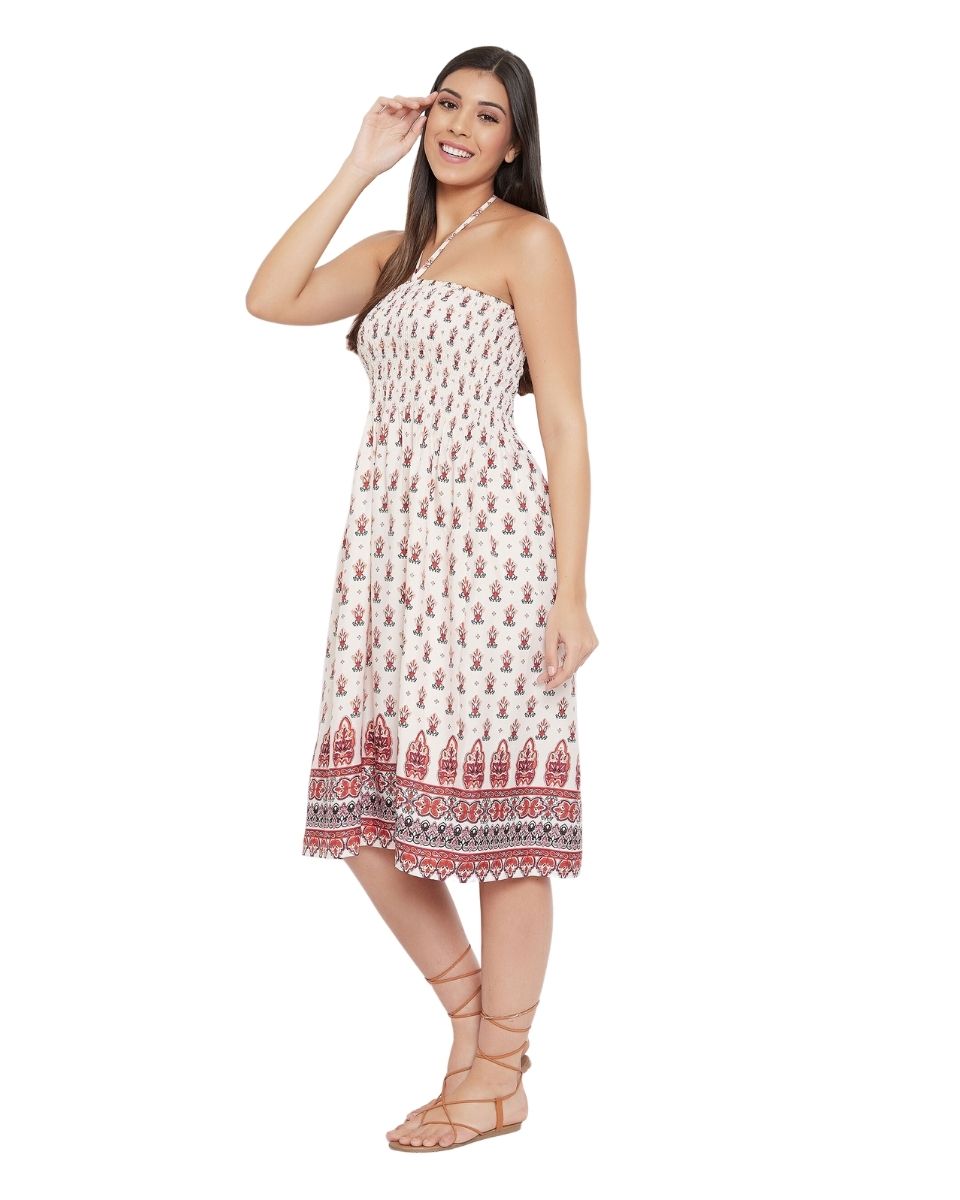 Beige Tribal Printed Polyester Tube Dress For Women