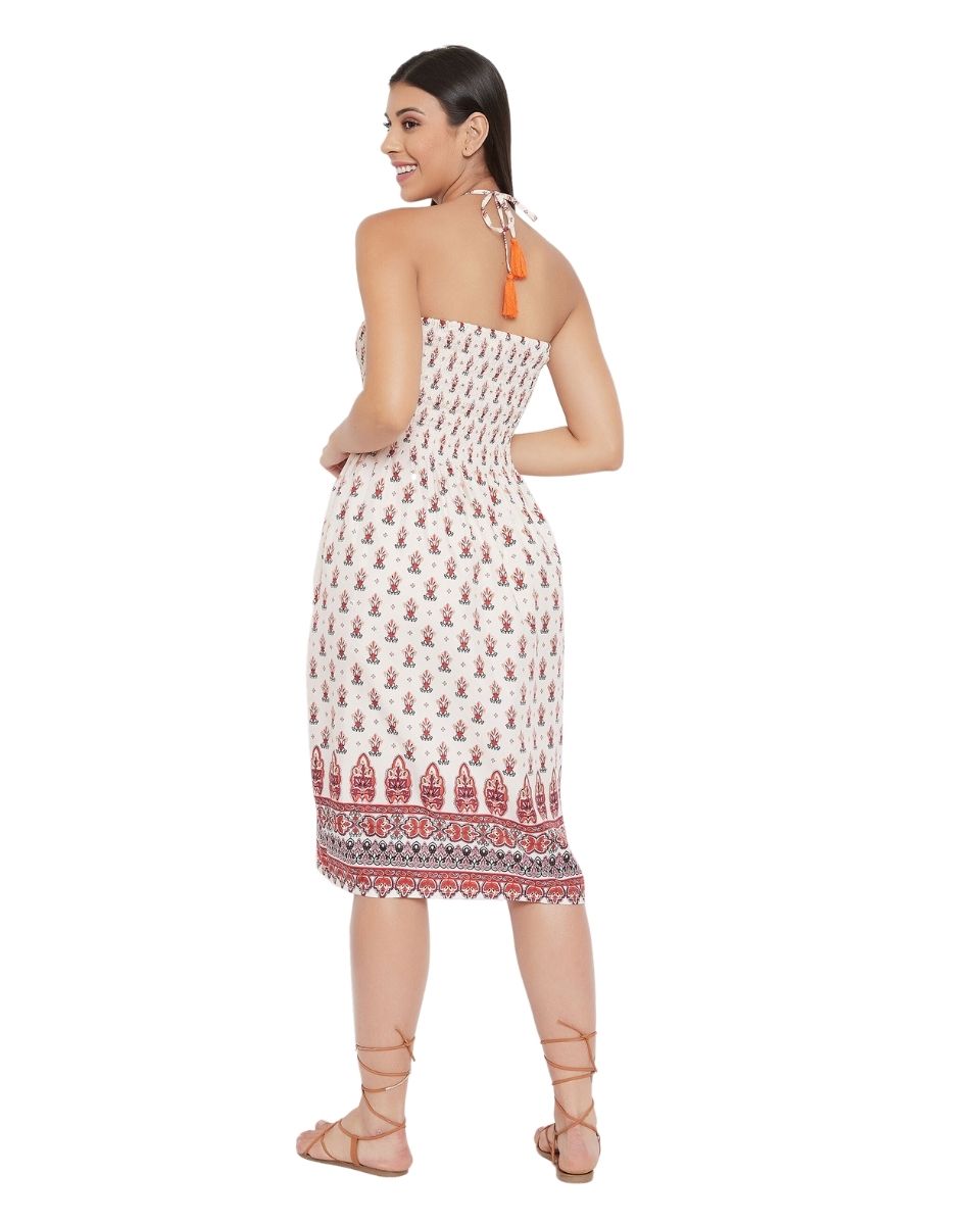 Beige Tribal Printed Polyester Tube Dress For Women