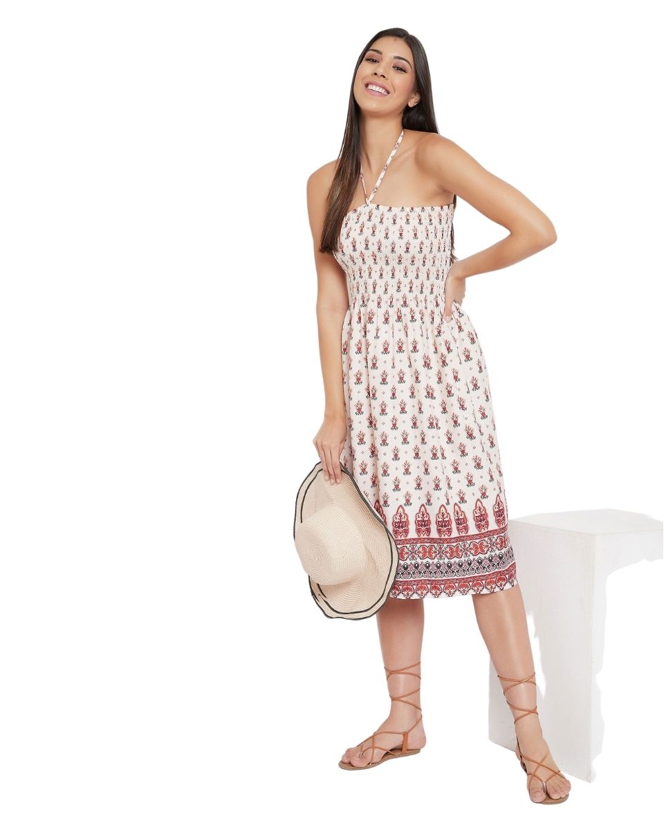 Beige Tribal Printed Polyester Tube Dress For Women