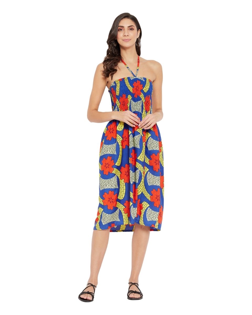 Royal Blue Floral Printed Polyester Tube Dress For Women