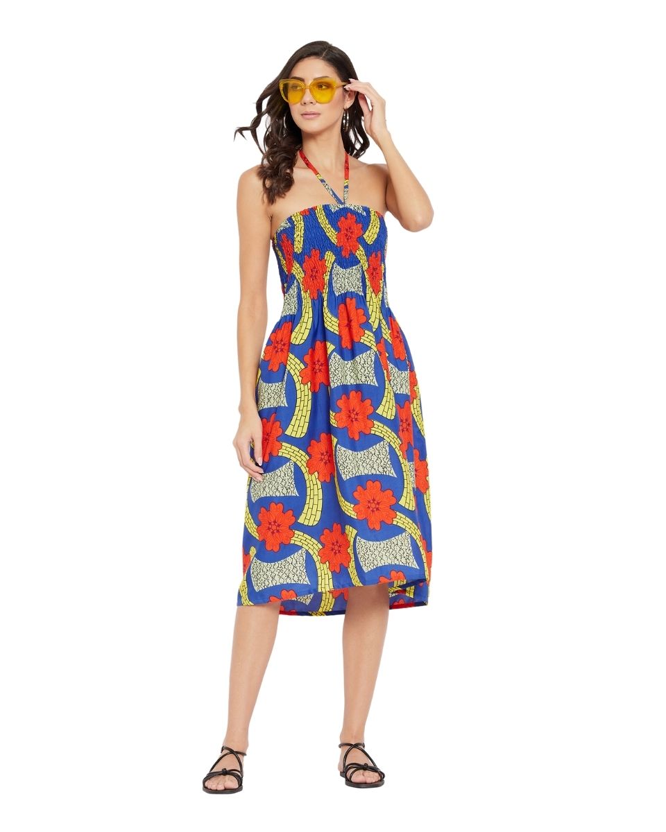 Royal Blue Floral Printed Polyester Tube Dress For Women