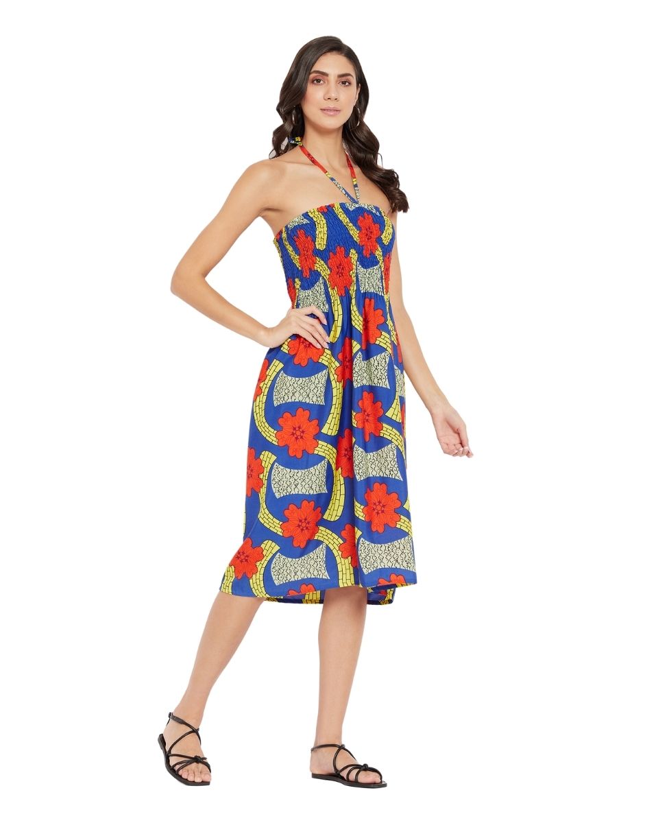 Royal Blue Floral Printed Polyester Tube Dress For Women