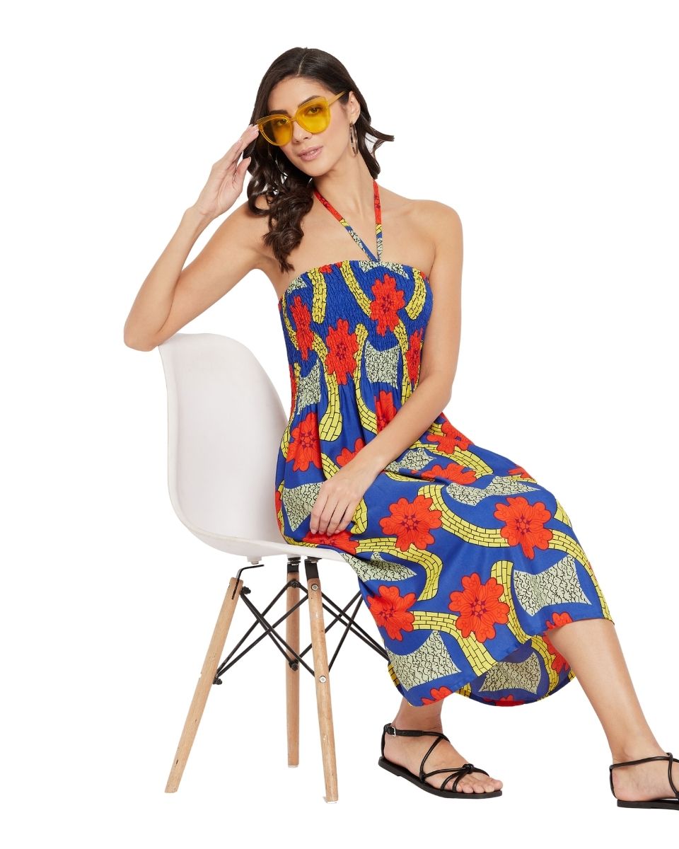 Royal Blue Floral Printed Polyester Tube Dress For Women