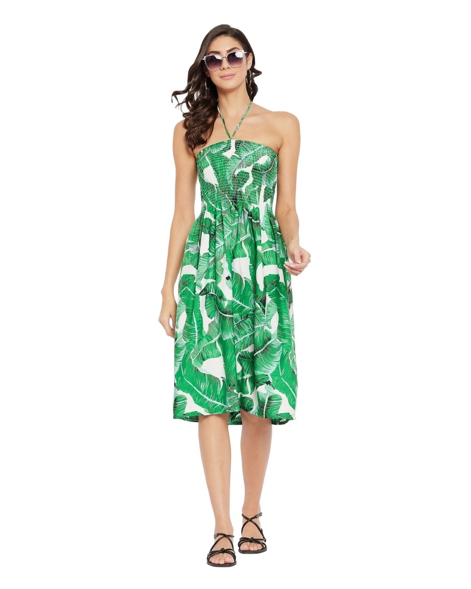 Leaf Printed Green Polyester Knee Length Tube Dress For Women