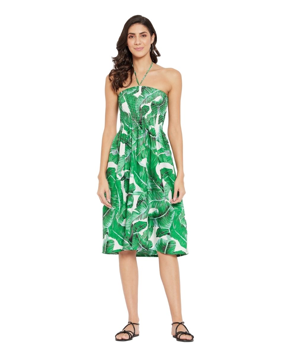 Leaf Printed Green Polyester Knee Length Tube Dress For Women