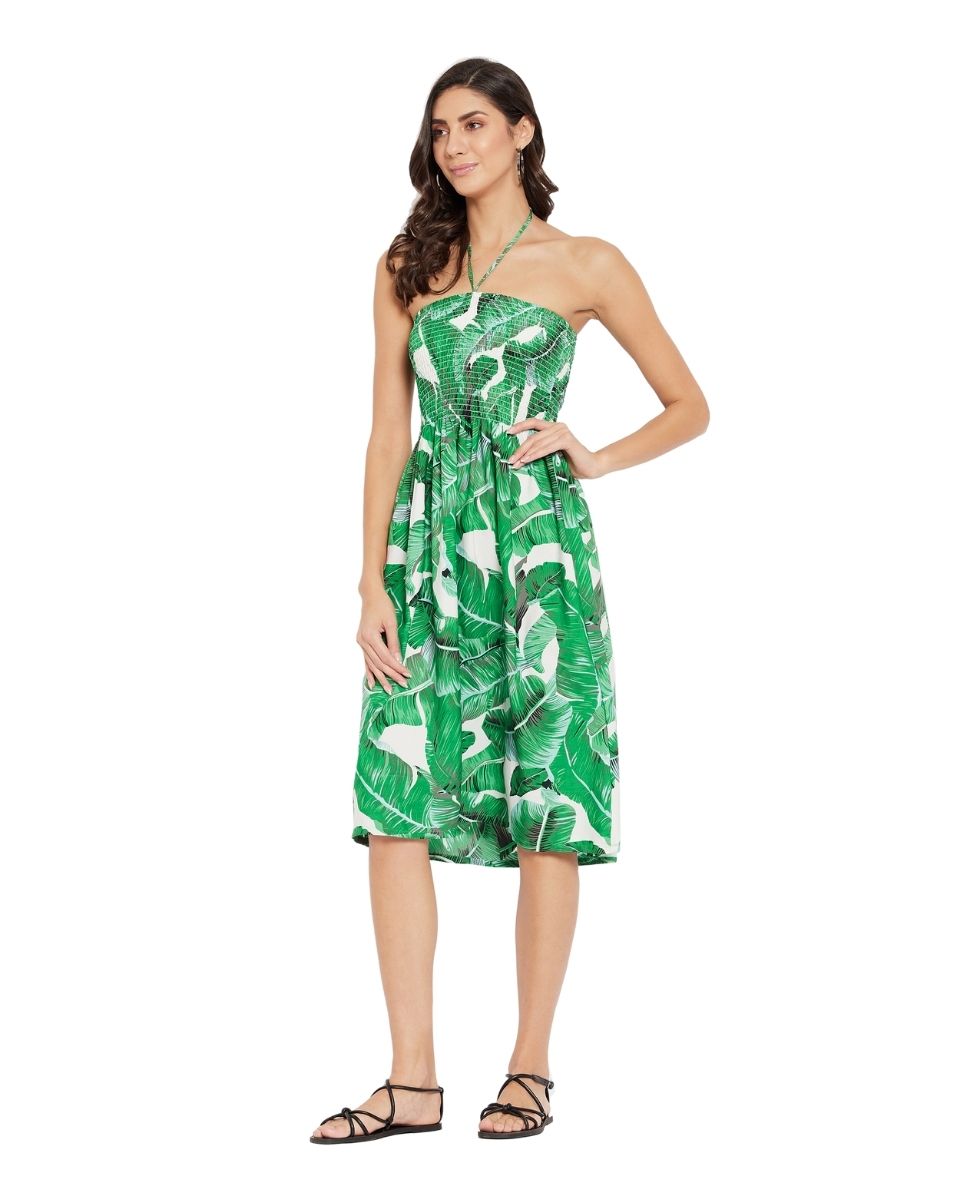 Leaf Printed Green Polyester Knee Length Tube Dress For Women