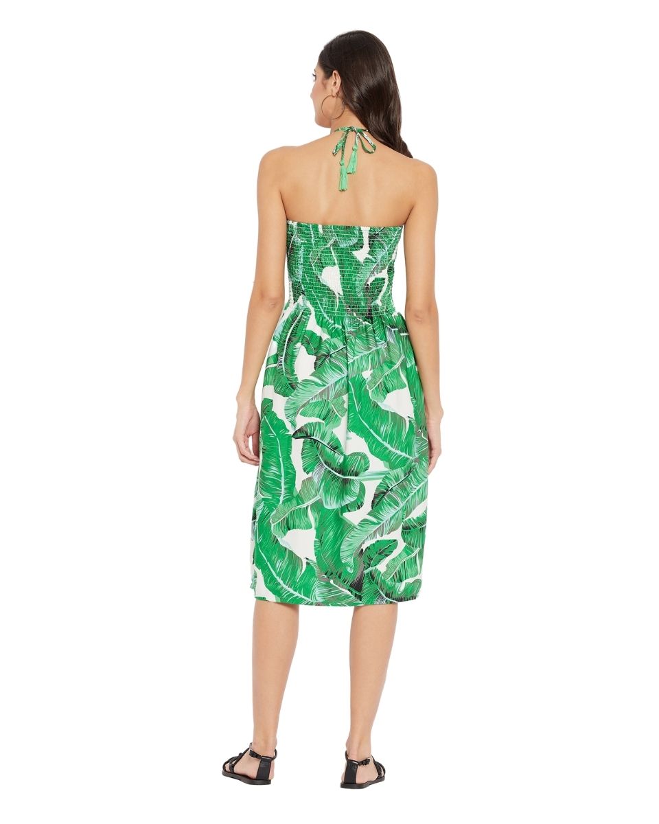 Leaf Printed Green Polyester Knee Length Tube Dress For Women