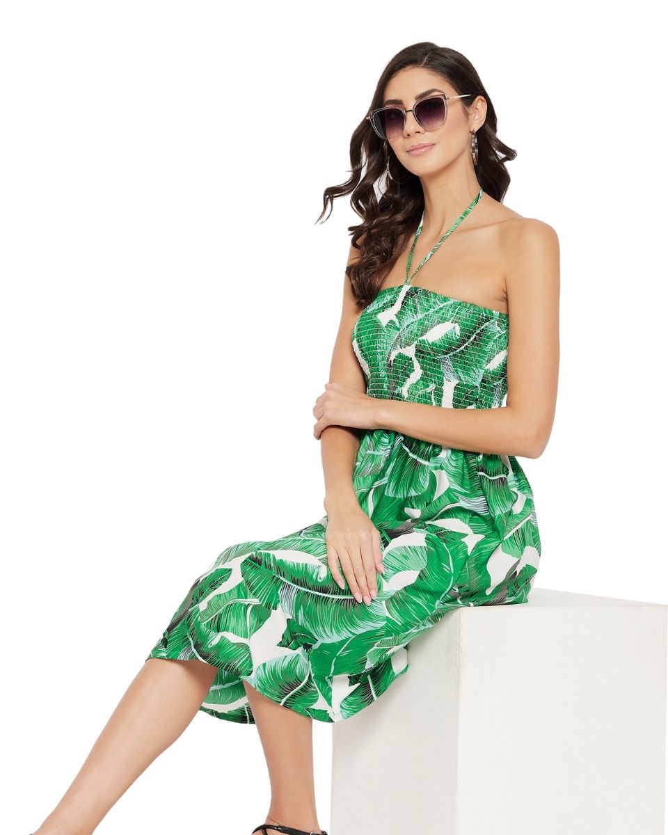 Leaf Printed Green Polyester Knee Length Tube Dress For Women