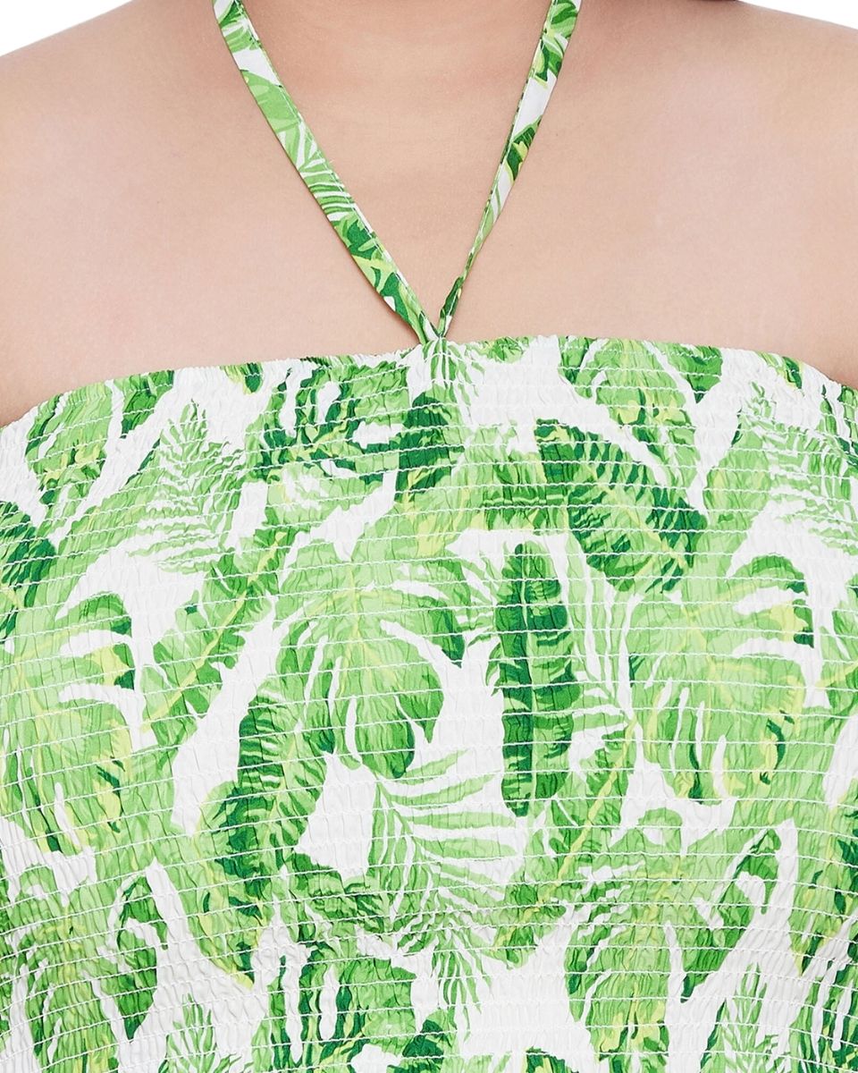Leaf Printed Green Polyester Tube Dress For Women