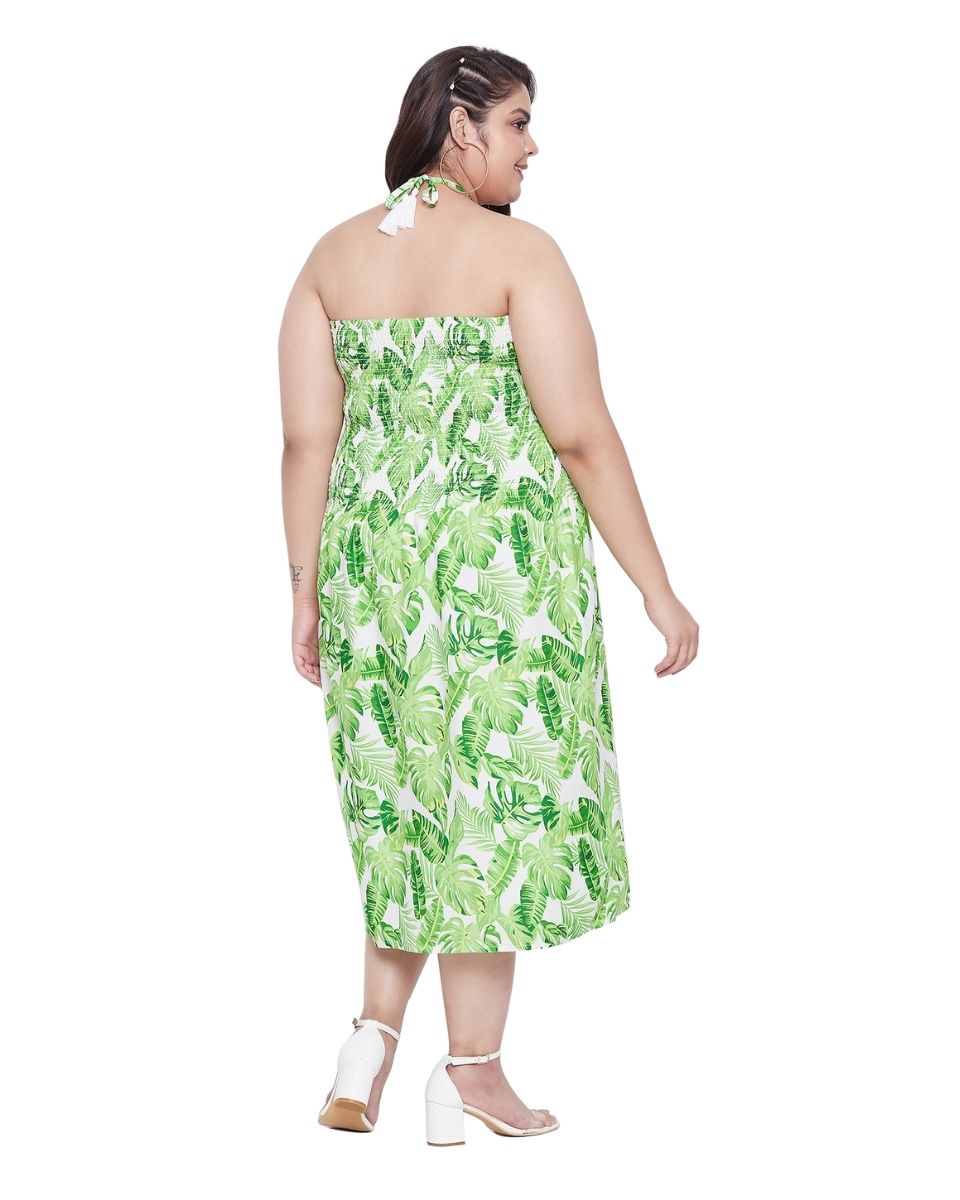 Leaf Printed Green Polyester Tube Dress For Women