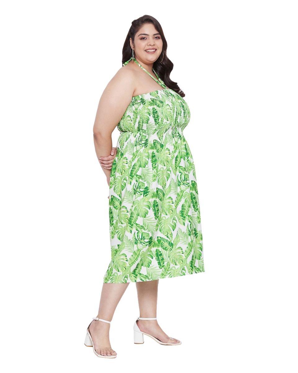 Leaf Printed Green Polyester Tube Dress For Women