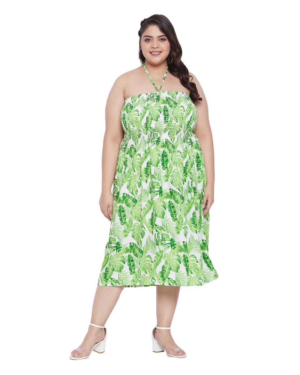 Leaf Printed Green Polyester Tube Dress For Women