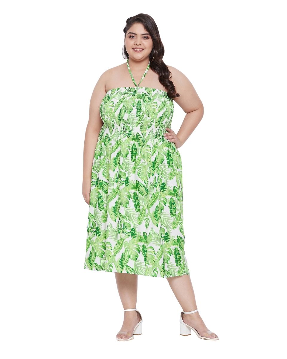 Leaf Printed Green Polyester Tube Dress For Women
