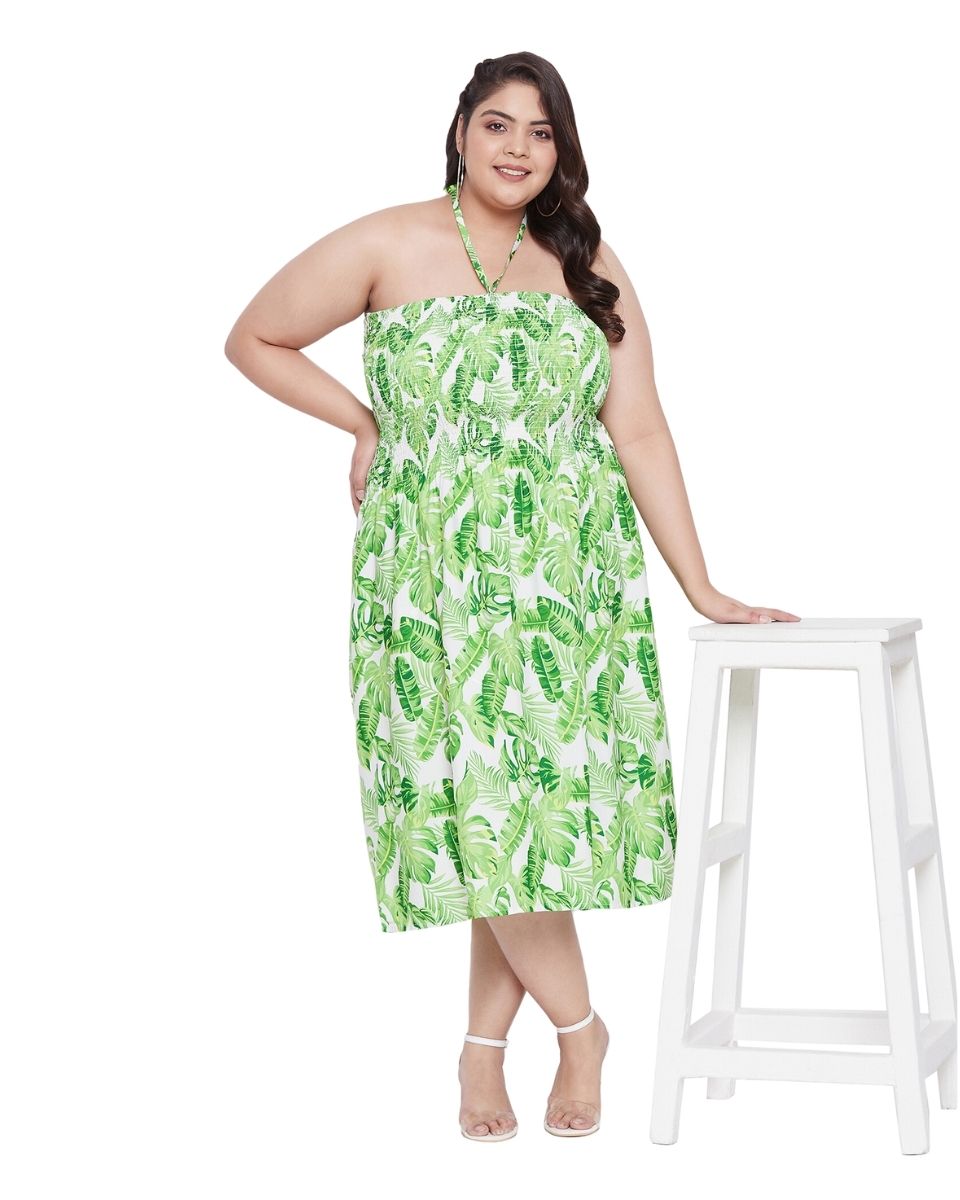 Leaf Printed Green Polyester Tube Dress For Women