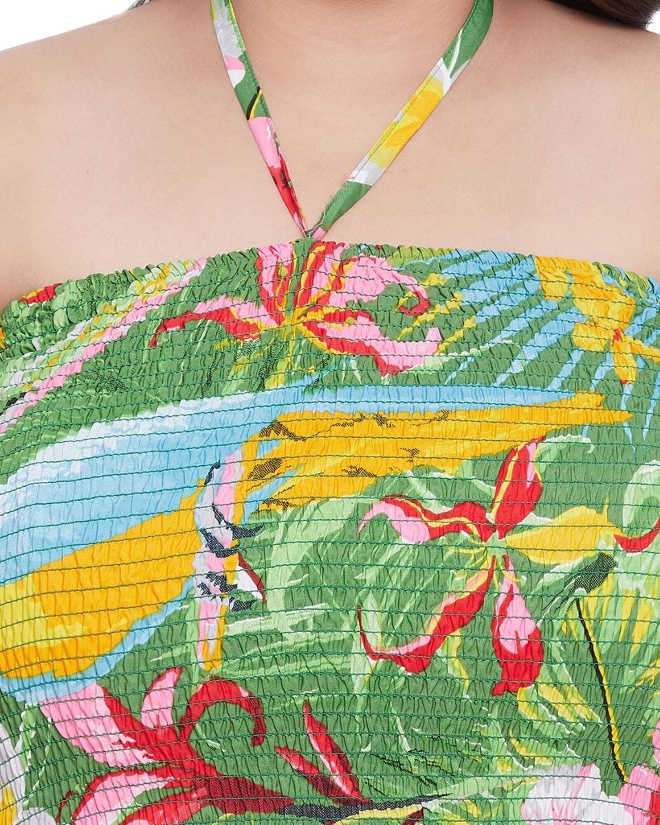 Green Leaf Printed Polyester Tube Dress For Women