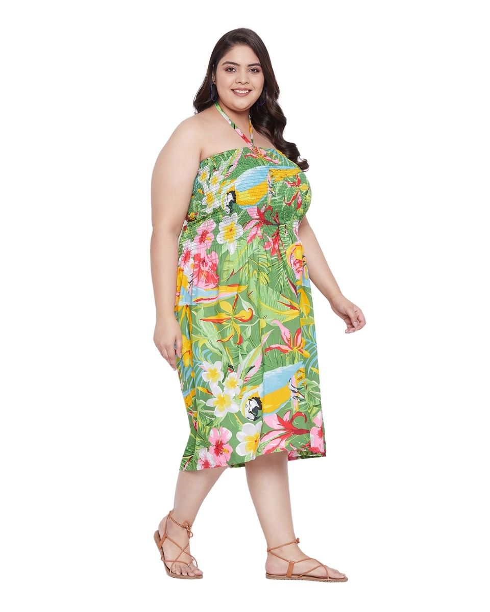 Green Leaf Printed Polyester Tube Dress For Women