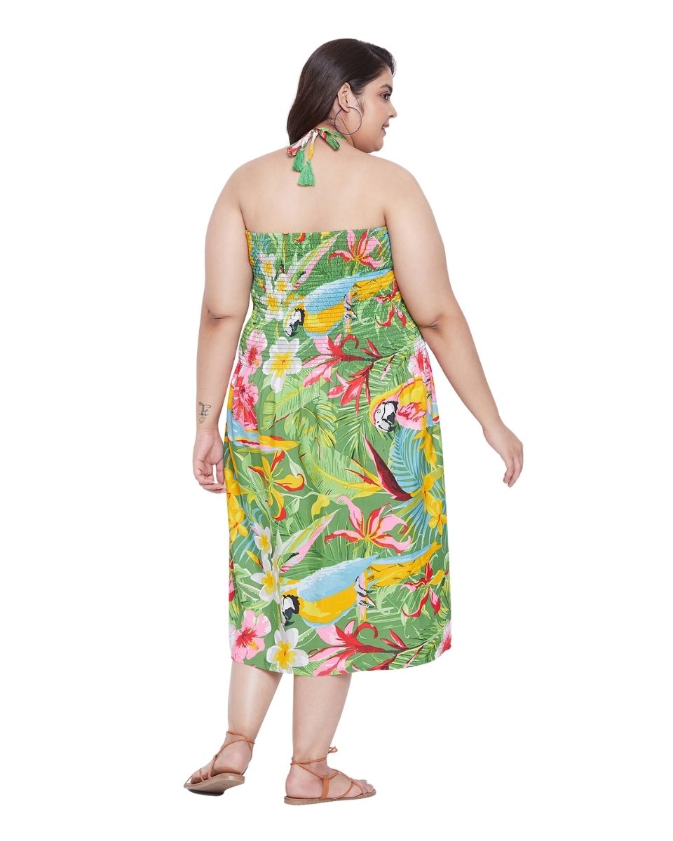 Green Leaf Printed Polyester Tube Dress For Women