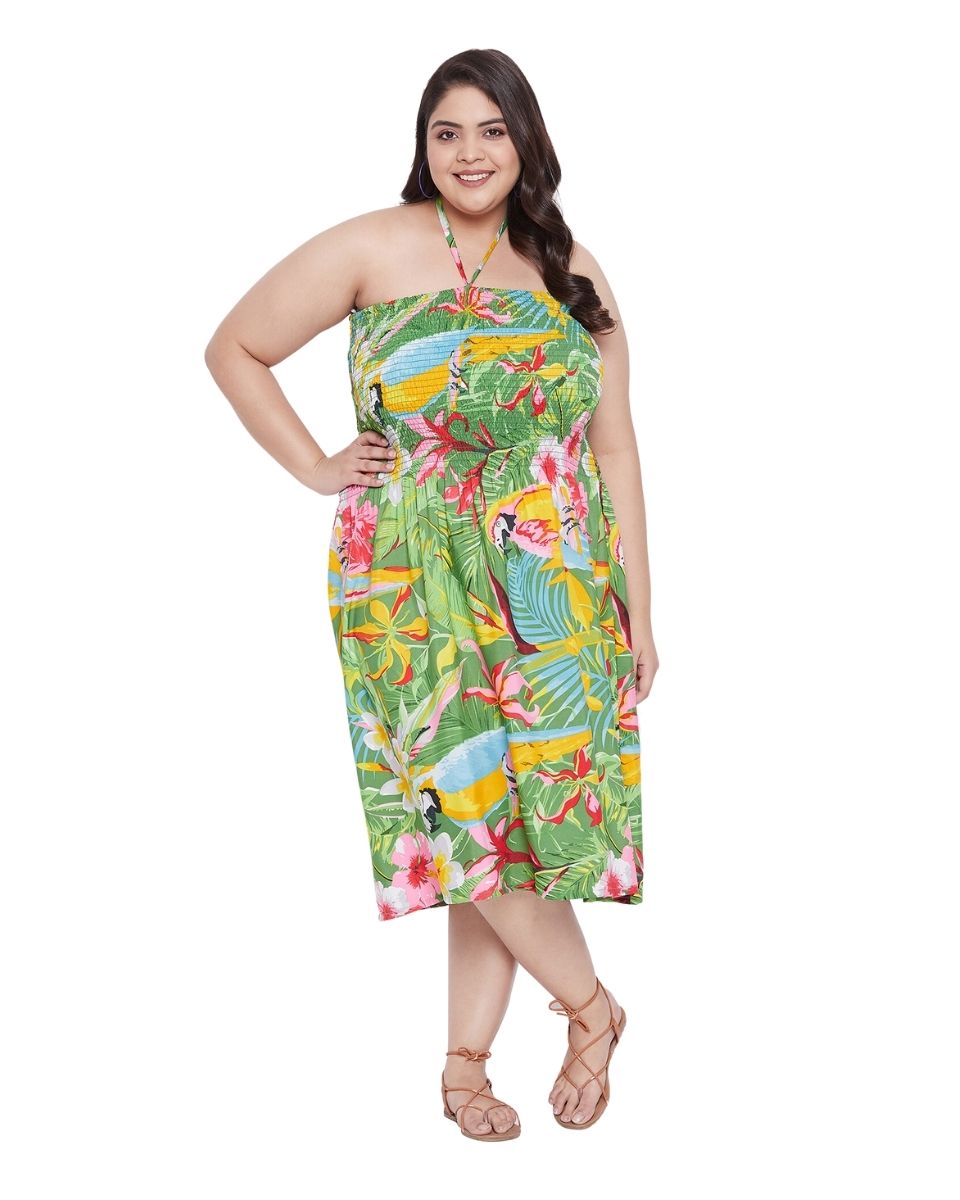 Green Leaf Printed Polyester Tube Dress For Women