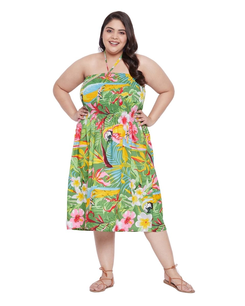 Green Leaf Printed Polyester Tube Dress For Women