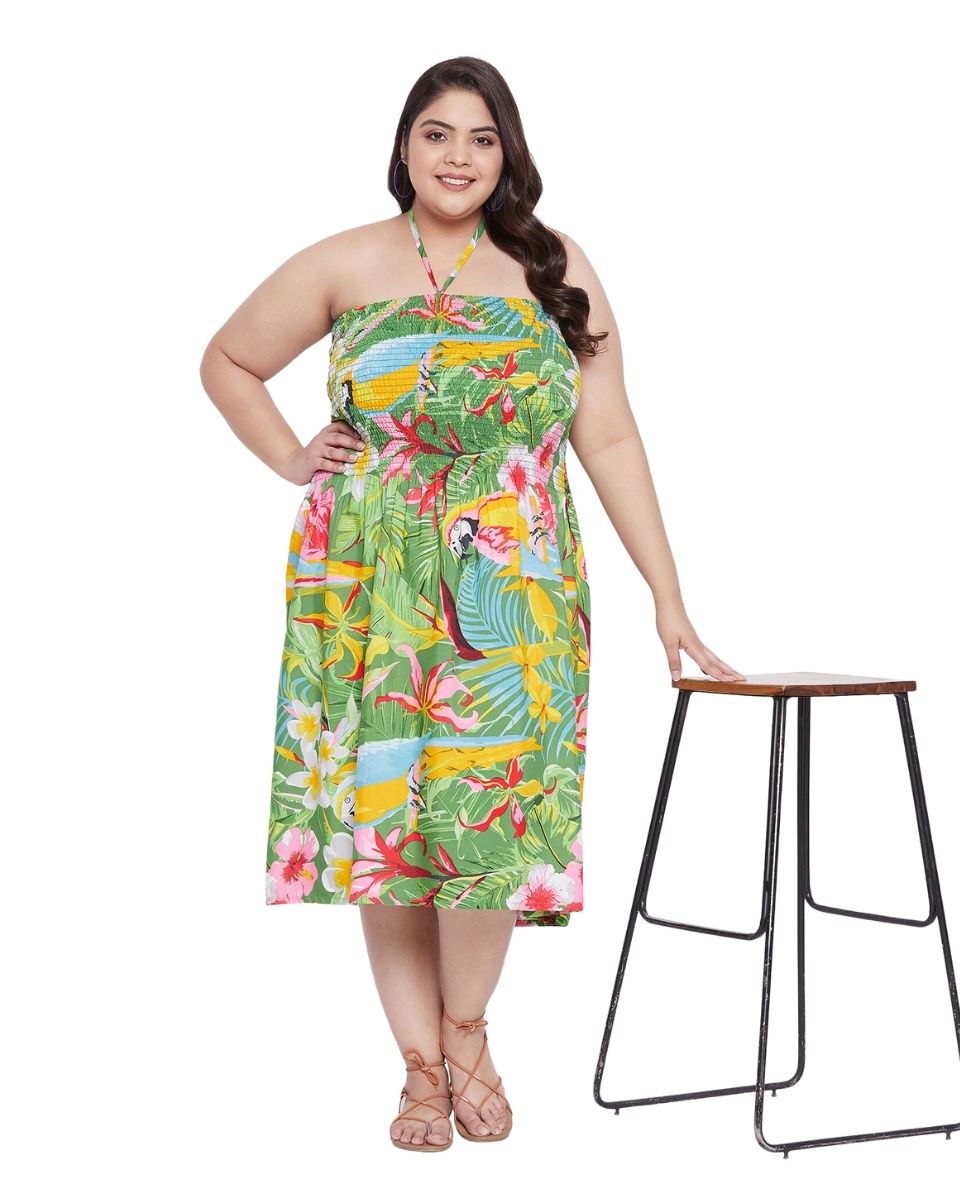 Green Leaf Printed Polyester Tube Dress For Women