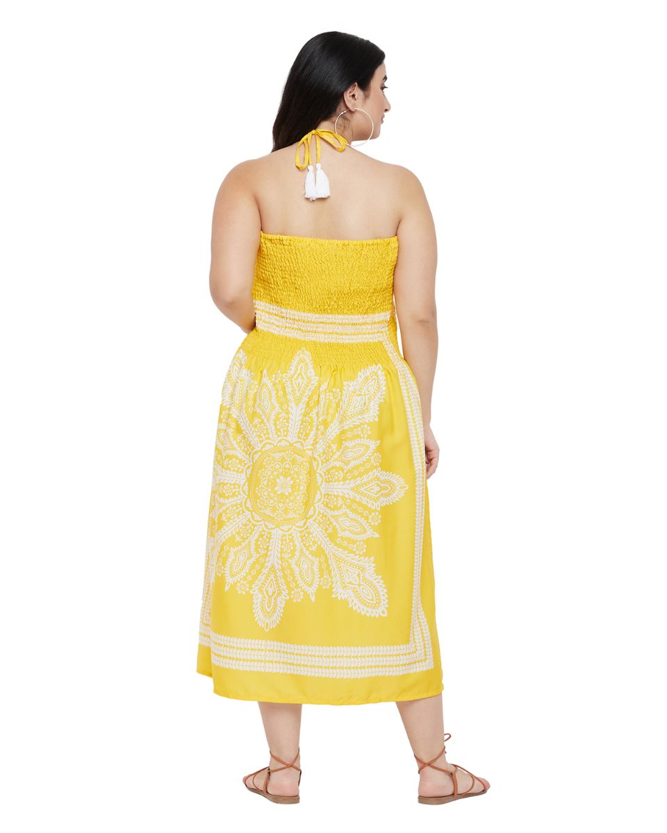 Yellow Floral Printed Polyester Tube Dress For Women