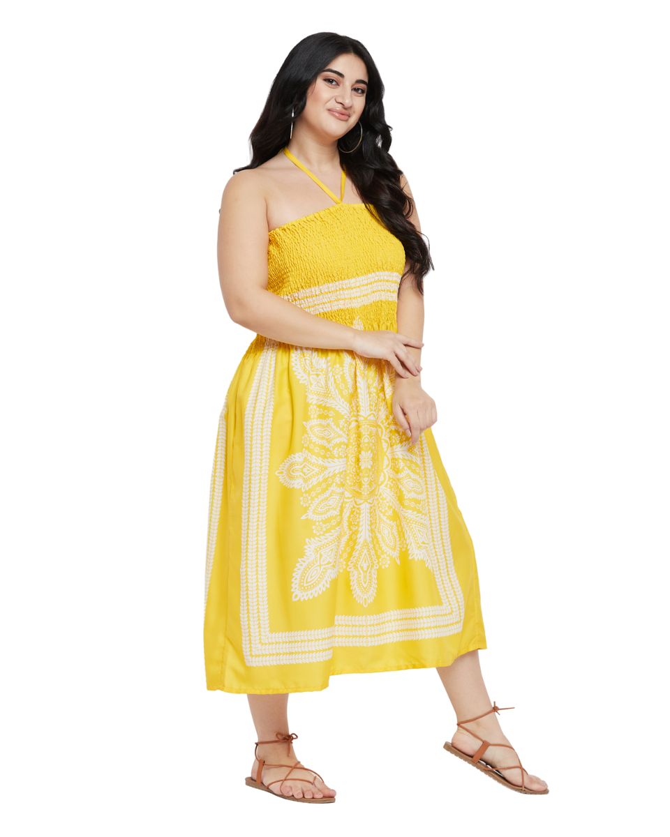 Yellow Floral Printed Polyester Tube Dress For Women