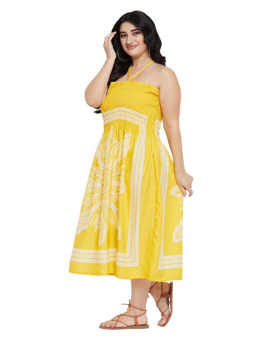 Yellow Floral Printed Polyester Tube Dress For Women