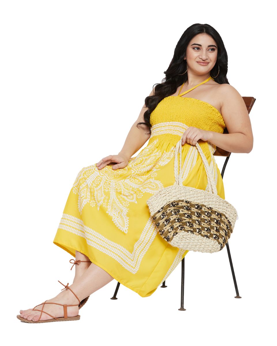 Yellow Floral Printed Polyester Tube Dress For Women