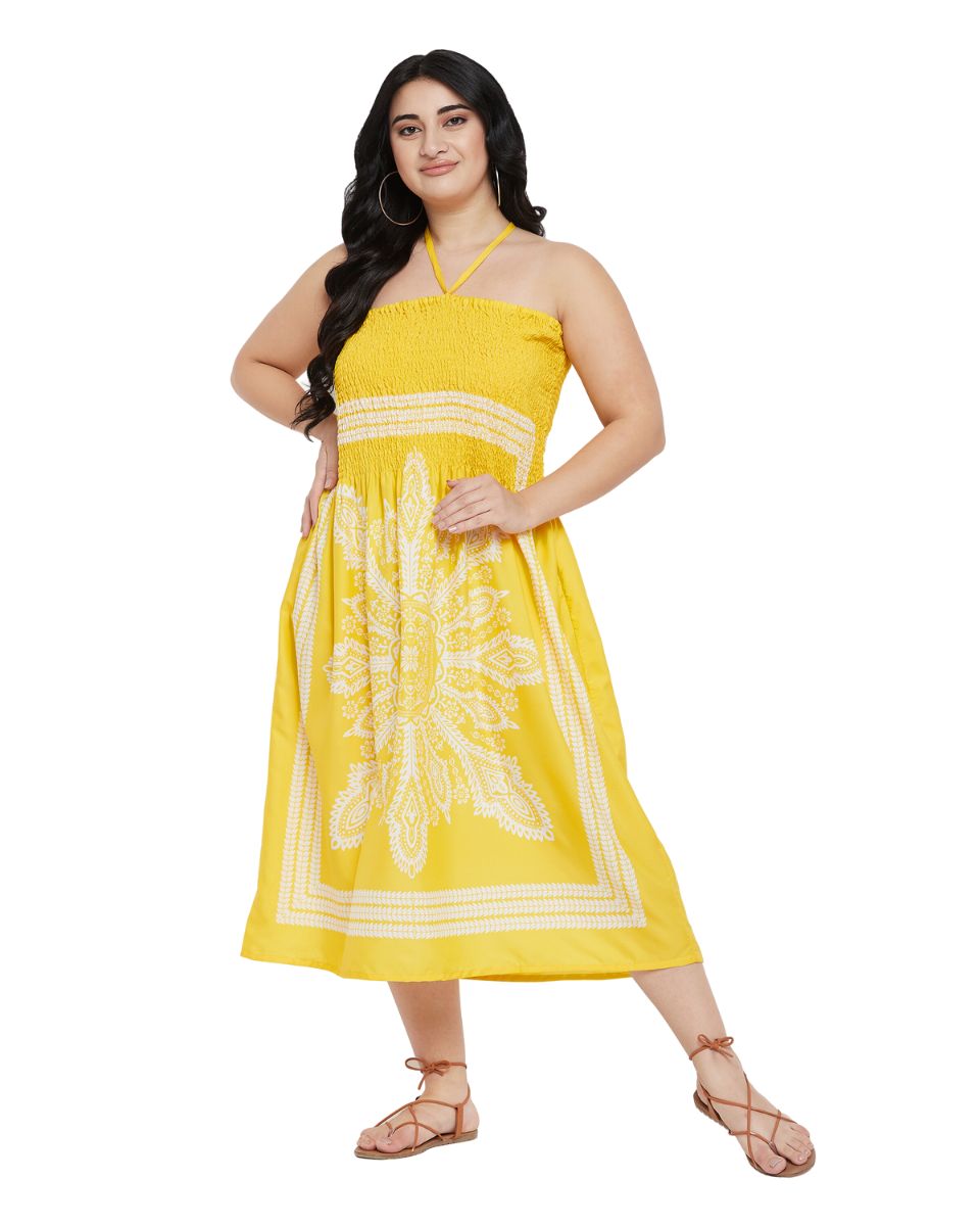 Yellow Floral Printed Polyester Tube Dress For Women