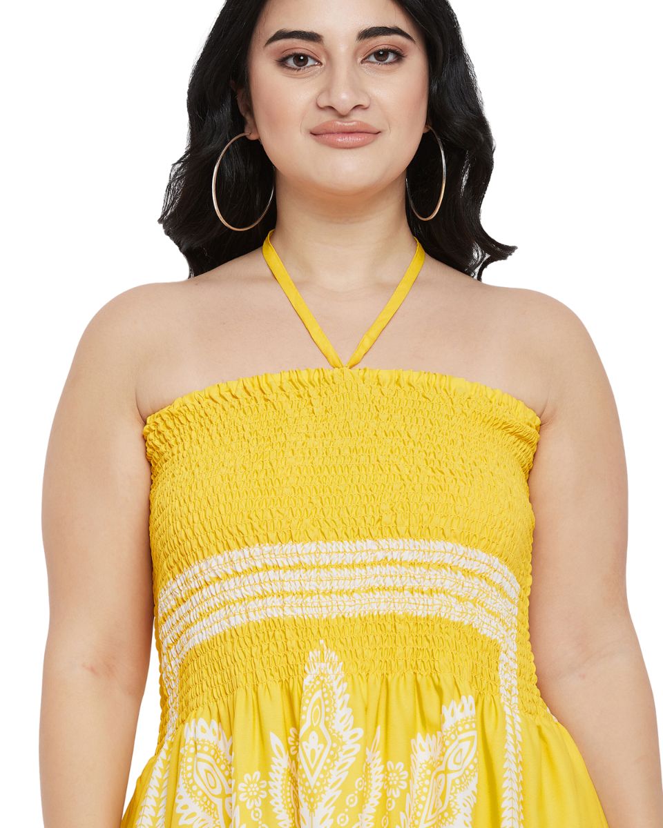 Yellow Floral Printed Polyester Tube Dress For Women