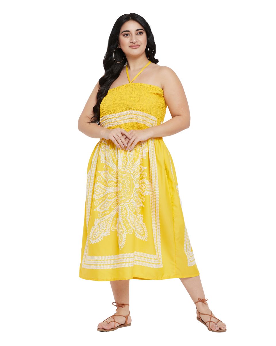 Yellow Floral Printed Polyester Tube Dress For Women