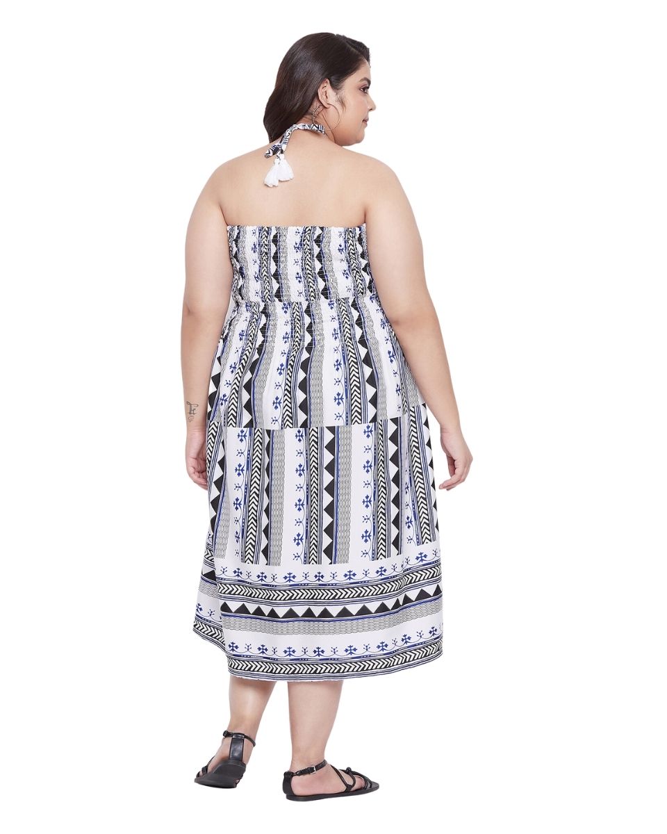 Black Geometric Printed Polyester Summer Tube Dress For Women