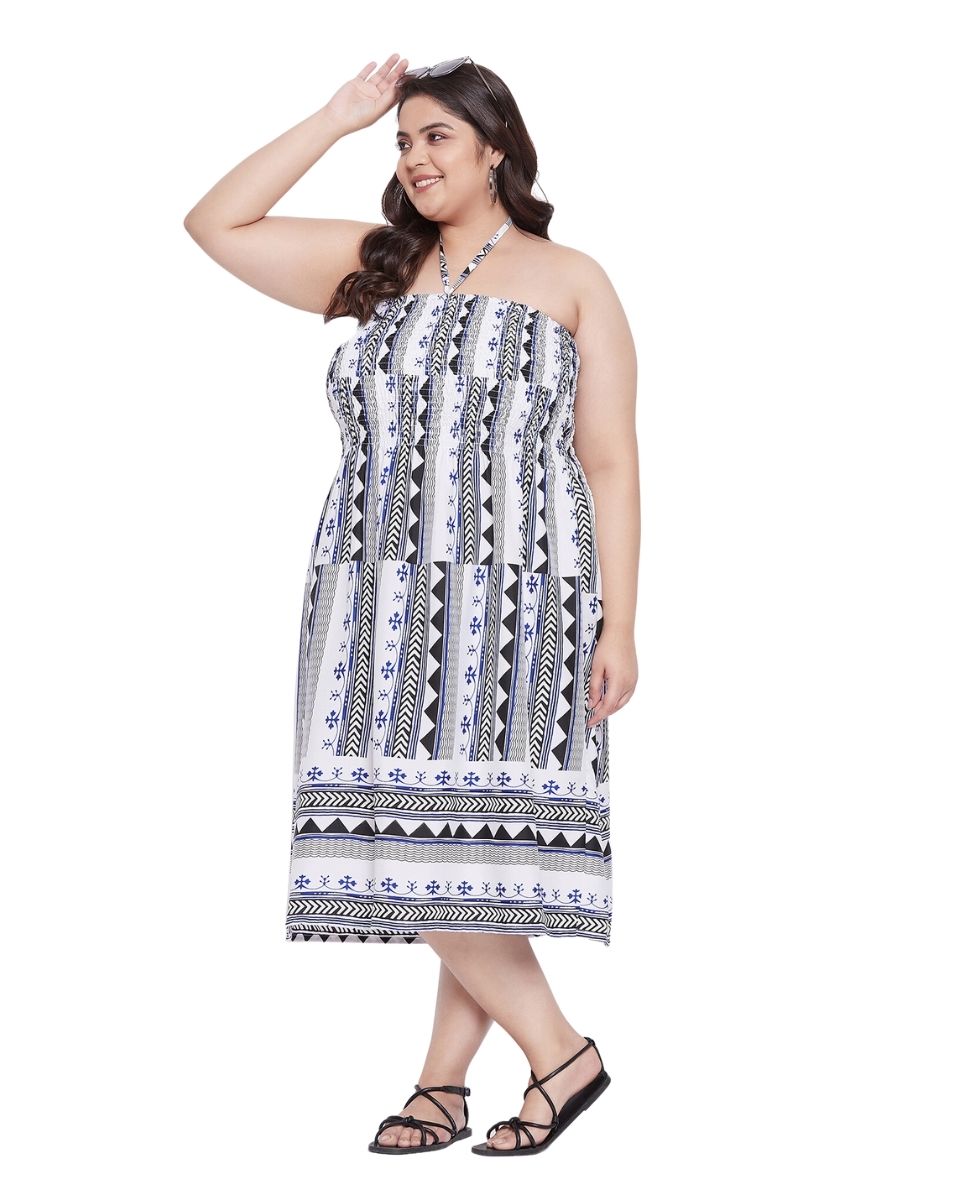Black Geometric Printed Polyester Summer Tube Dress For Women